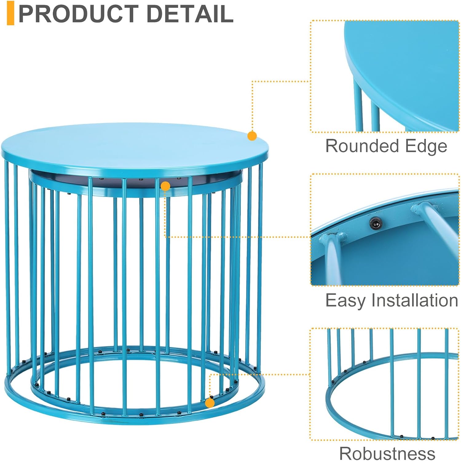 LEWIS&WAYNE Outdoor Side Table Set of 2, Metal Circle Accent End Tables for Balcony Backyard Garden Indoor Living Room, Durable Blue Nesting Coffee Tables, 20”+16” Dia