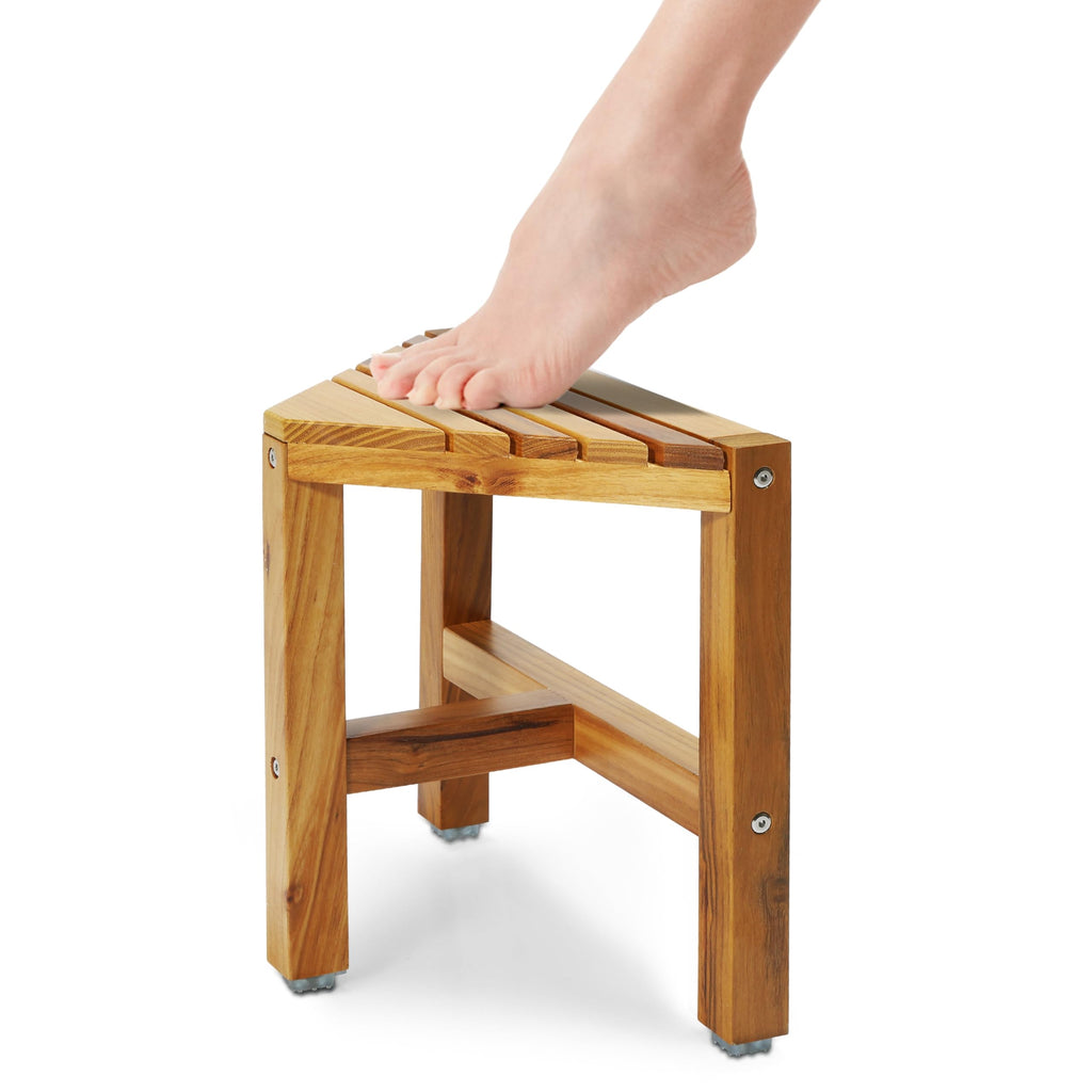 TEAKAURA Teak Shower Stool, Teak Shower Bench, 12'' Shower Foot Rest for Shaving Legs, Waterproof Corner Shower Bench, Organizer Stool, Corner Seat for Bathroom Livingroom - Grand Goldman