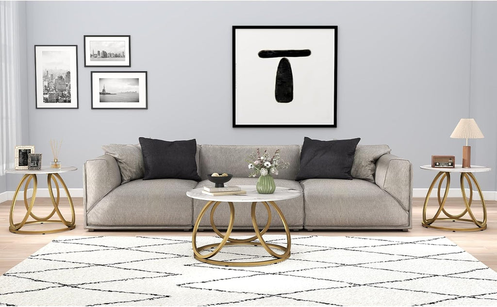 OIOG Round Coffee Table for Living Room, Modern Coffee Table with Marbling Natural Stone, Gold & White