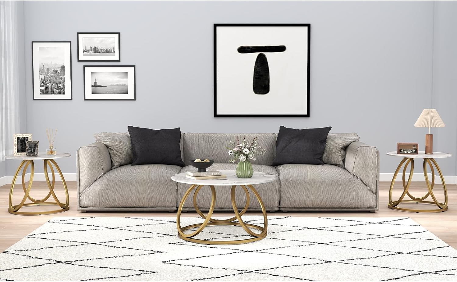 OIOG Round Coffee Table for Living Room, Modern Coffee Table with Marbling Natural Stone, Gold & White