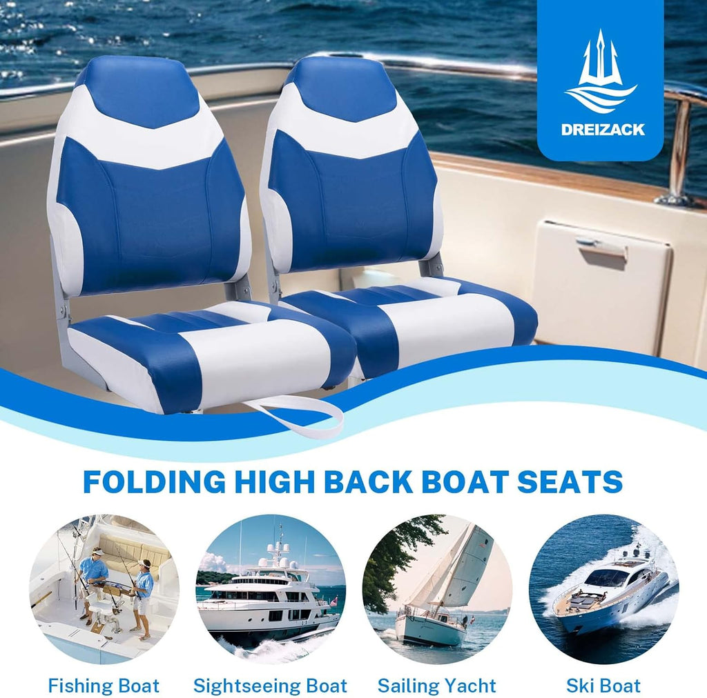 Dreizack Boat Seats 2 Packs, Folding High Back Fishing Waterproof Universal Pontoon Boat Seat Bass Tracker Boat Chairs with Stainless Steel Screws, Aluminum Hinges and Thickened Cushion