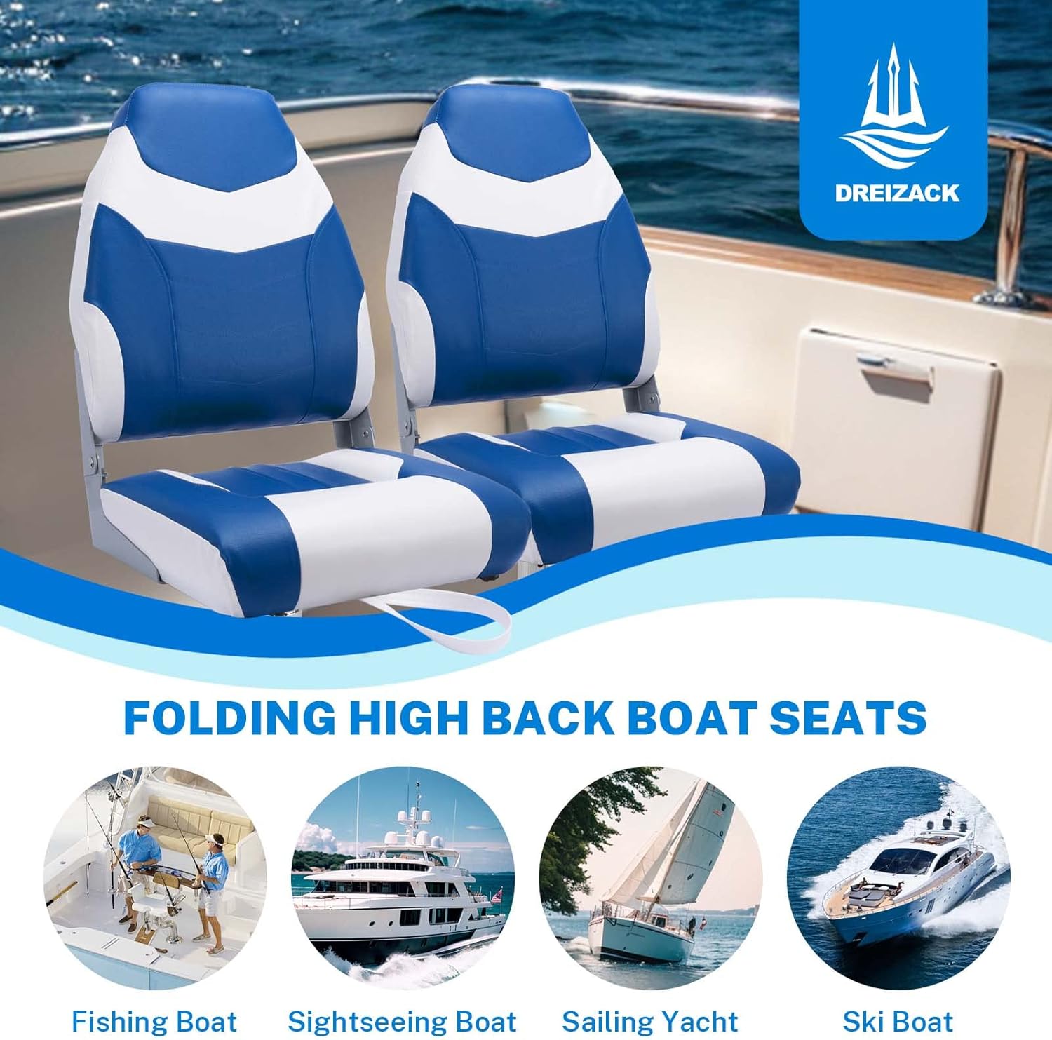 Dreizack Boat Seats 2 Packs, Folding High Back Fishing Waterproof Universal Pontoon Boat Seat Bass Tracker Boat Chairs with Stainless Steel Screws, Aluminum Hinges and Thickened Cushion