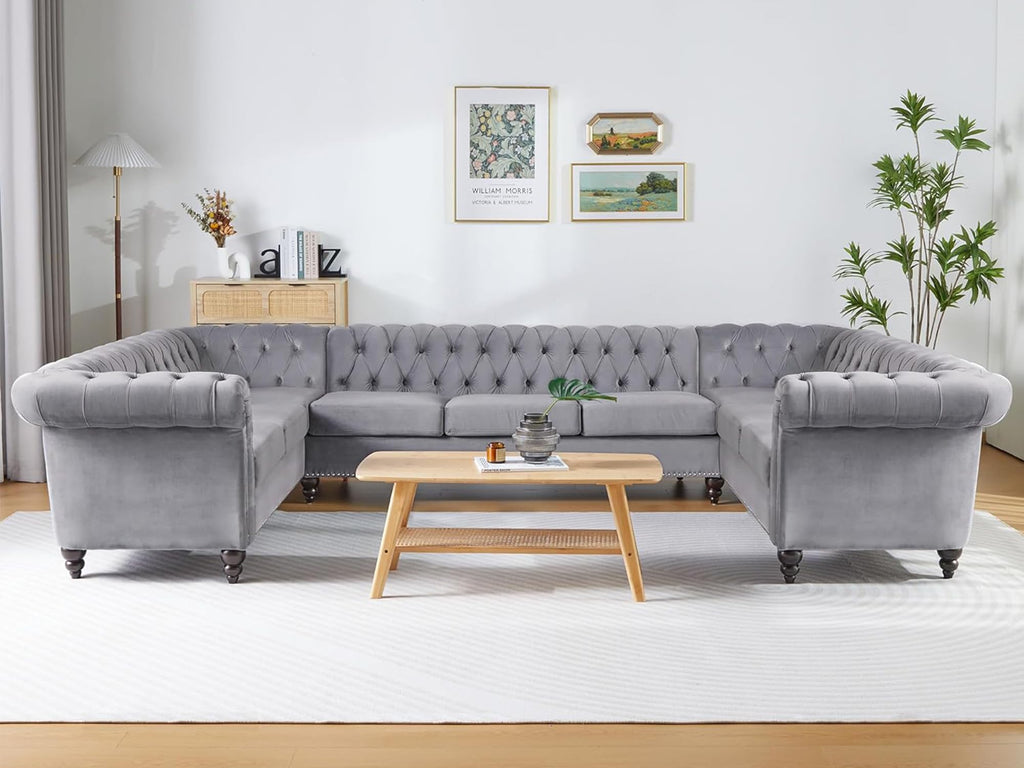 U Shaped Large Sectional Sofa, Chesterfield Leather Faux Couch Tufted Accent Sofa with Scroll Arms and Nailhead for Living Room, Office