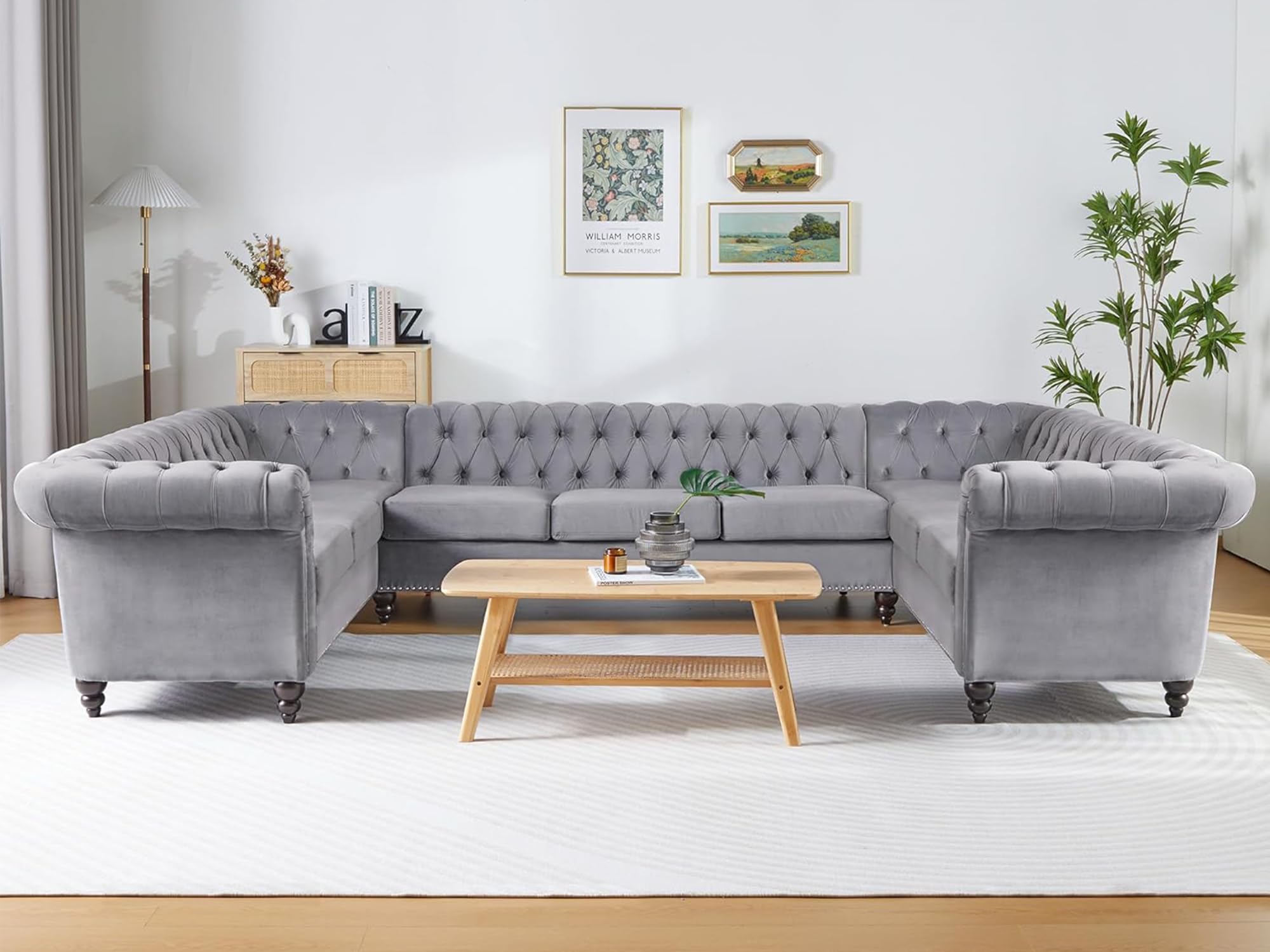 U Shaped Large Sectional Sofa, Chesterfield Leather Faux Couch Tufted Accent Sofa with Scroll Arms and Nailhead for Living Room, Office