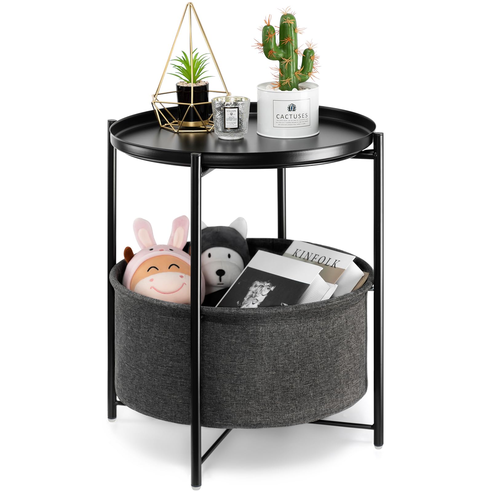 danpinera Round Side Table with Fabric Storage Basket, Metal Side Small Bedside Table Nightstand with Removable Tray Top for Living Room, Bedroom, Nursery, Laundry, Gold