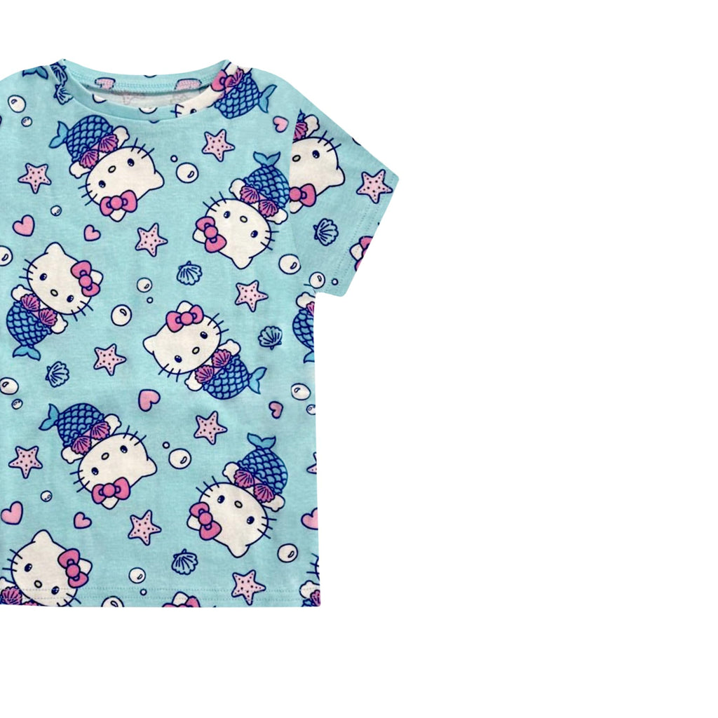Hello Kitty Pige 4-delt Pyjamasæt - Kortærmet Skjorte, Shorts & Bukser - 100% Bomuld Børne Nattøj - Officiel Licens Pink Blå