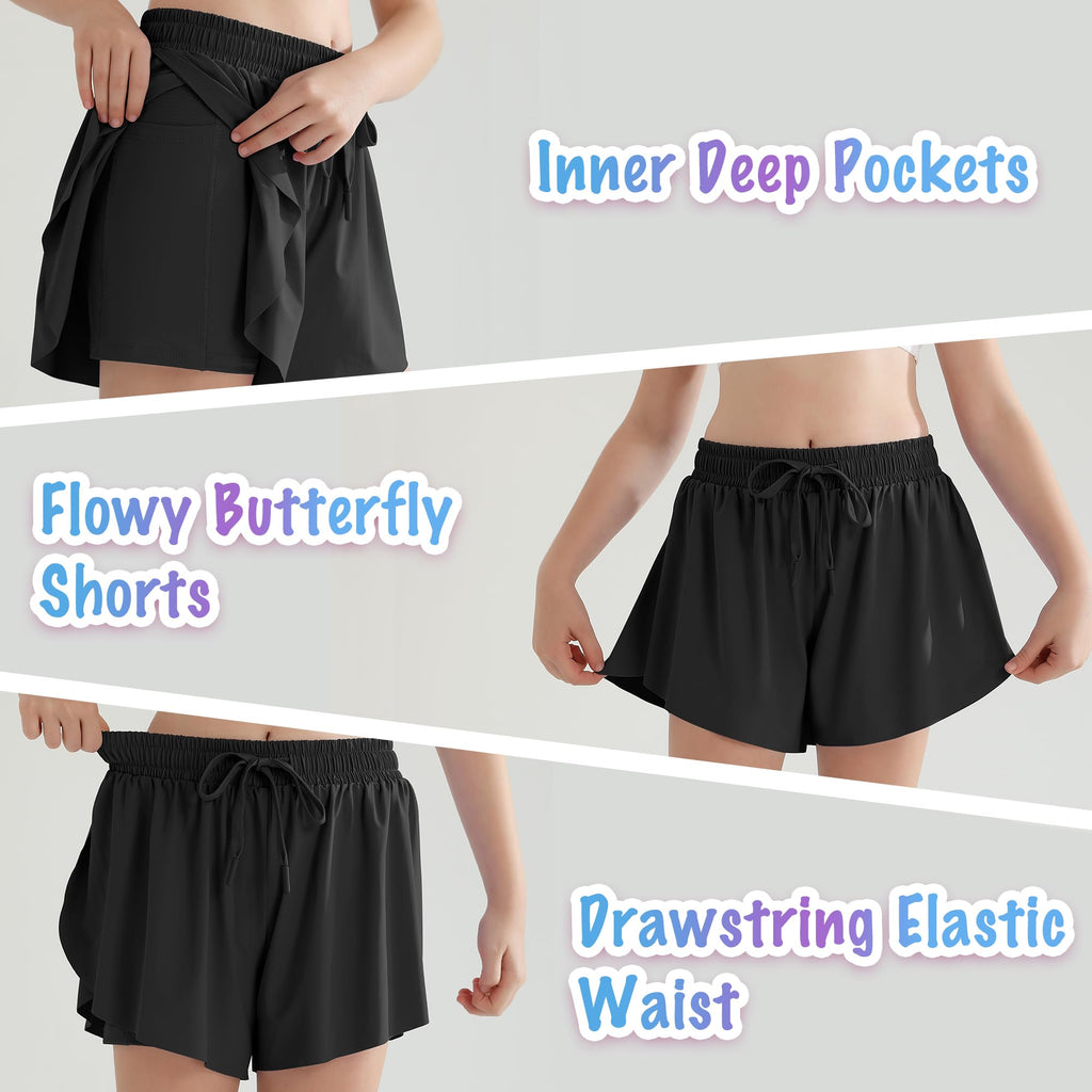 Girls Flowy Shorts Girls Black Shorts Quick Dry Girl Running Short 2 in 1 Kids Skirts Drawstring Butterfly Short Girl 10-12