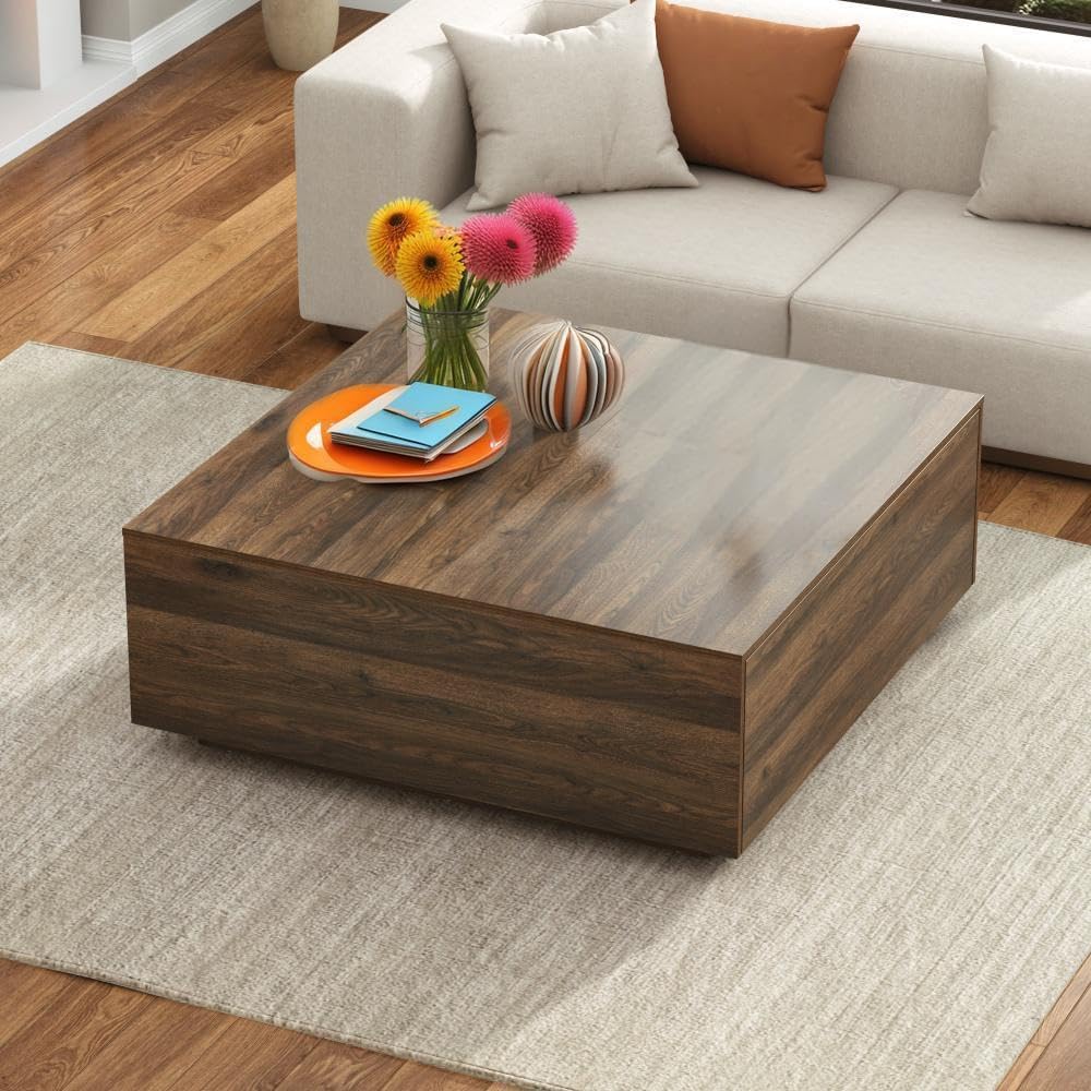 43 Inch Large Square Coffee Table with Storage,Modern Wooden Coffee Tables with 2 Drawers Storage for Living Room,Mid Century Tea Table/Aesthetic Coffee Table Center Table for Home Office(Walnut)