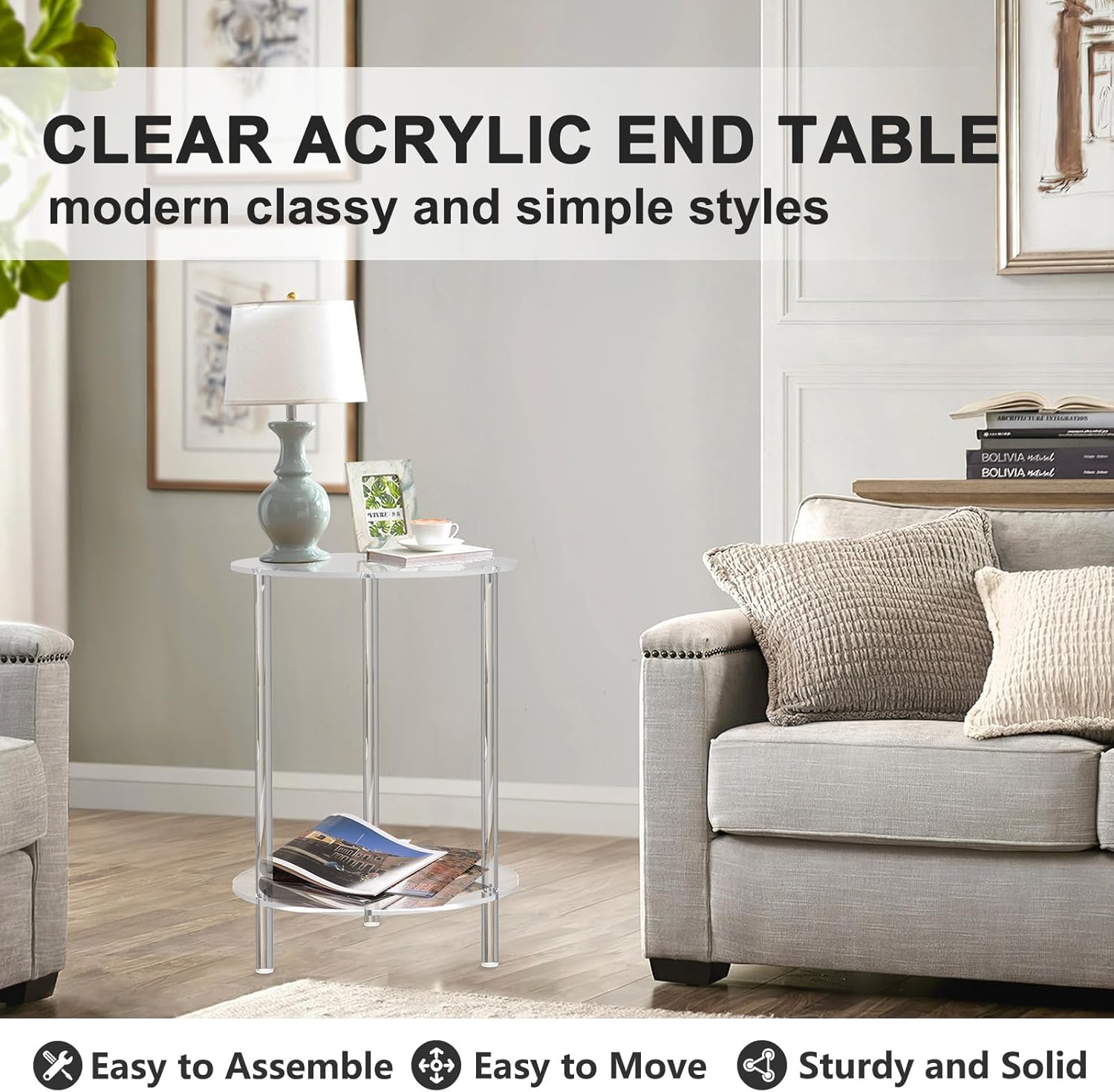 Clear Acrylic Round Side Table for Small Spaces, Acrylic Clear Coffee/End/Bedside Table,2-Tier Acrylic Nightsand/Furniture for Living Room, Bedroom, Bathroom, Garden, Office