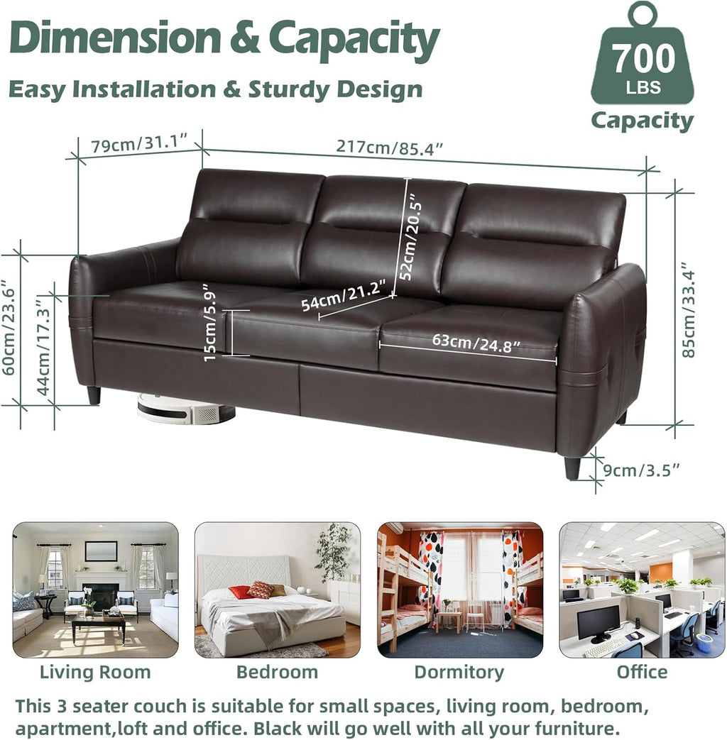 STHOUYN 85” Faux Leather Sofa Brown Leather Couch with USB, Mid Century Modern 3 Seater Couches Sofas Living Room Apartment, Large Office Sofa Couch, Stain Resistant & 3 Tufted Cushion (Brown)