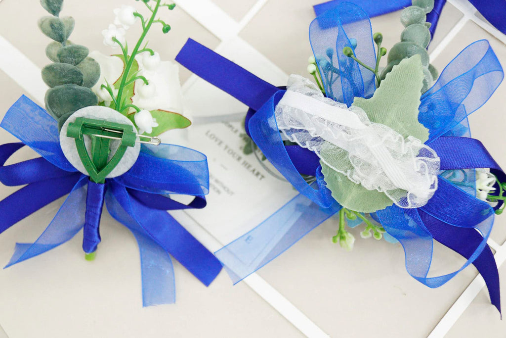 ست گل مچ‌بند و گل سینه MAFELOE با گل‌های رز مصنوعی، لوازم جانبی برای داماد، عروس، ساقدوش‌ها، مهمانی عروسی، مهمانی رقص - آبی سفید، 2 قطعه