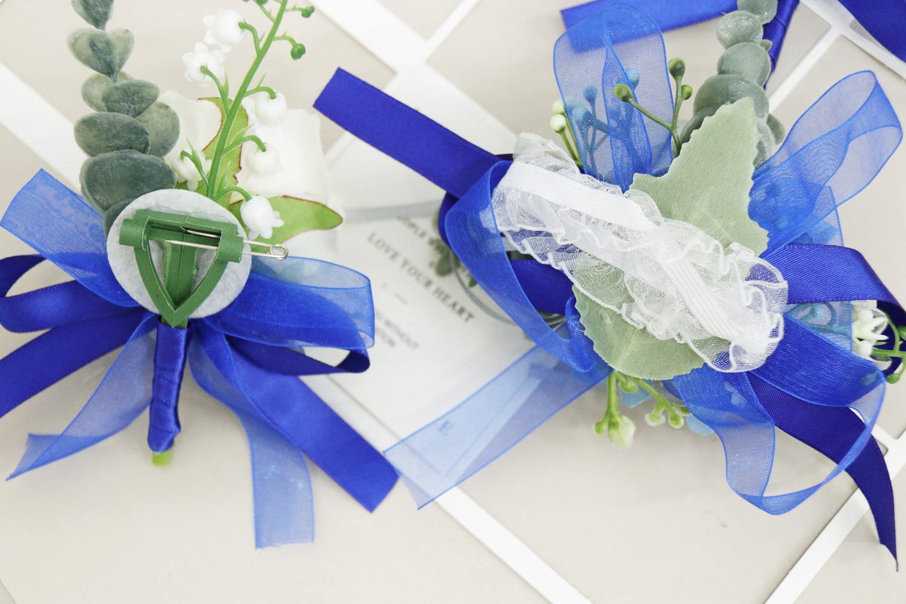 ست گل مچ‌بند و گل سینه MAFELOE با گل‌های رز مصنوعی، لوازم جانبی برای داماد، عروس، ساقدوش‌ها، مهمانی عروسی، مهمانی رقص - آبی سفید، 2 قطعه