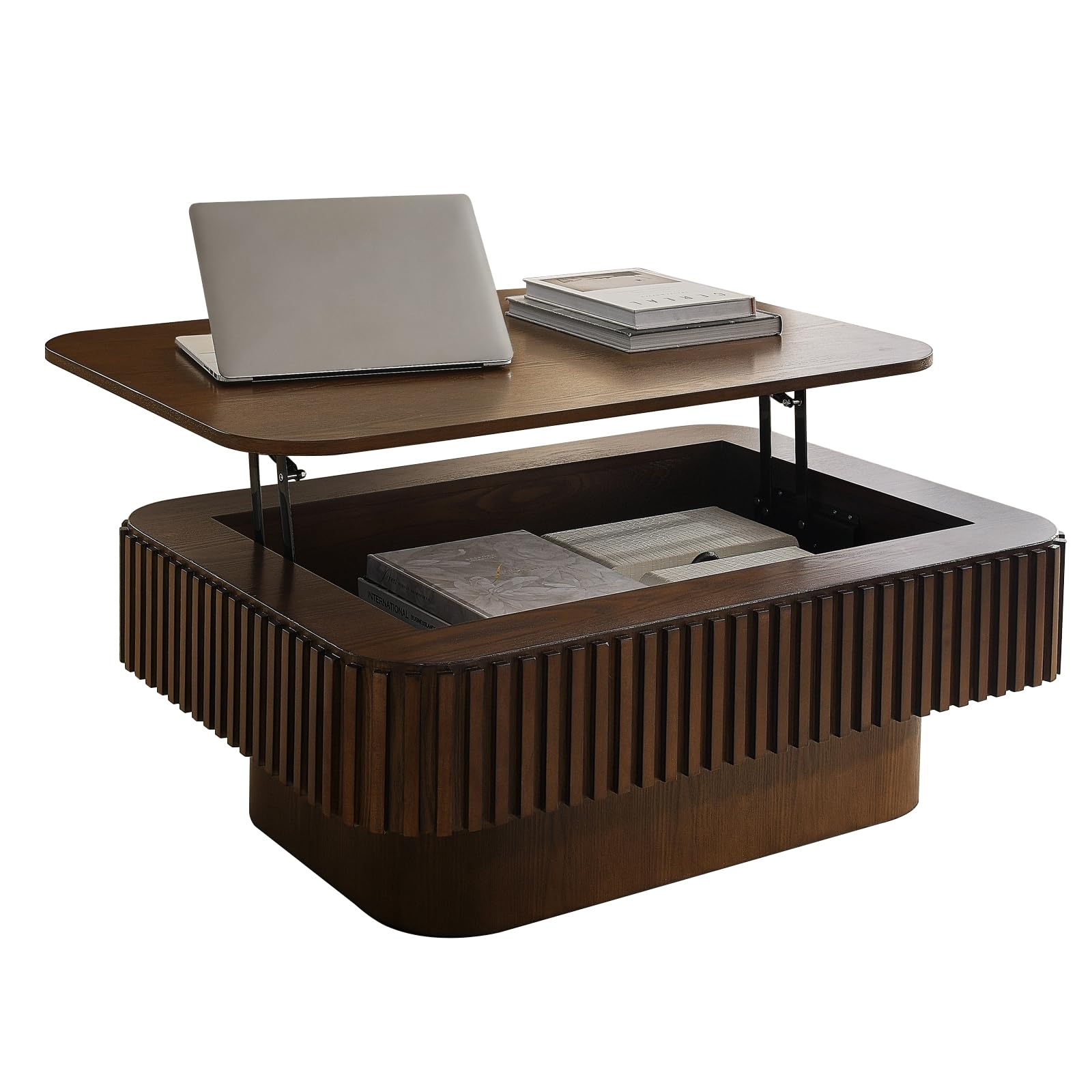 LKTART Round Coffee Table for Living Room, Accent Fluted Drum Coffee Table with Storage, Modern Solid Wood Veneered Circle Center Tea Table for Small Space Apartment (31.5''D×14''H-Natural)