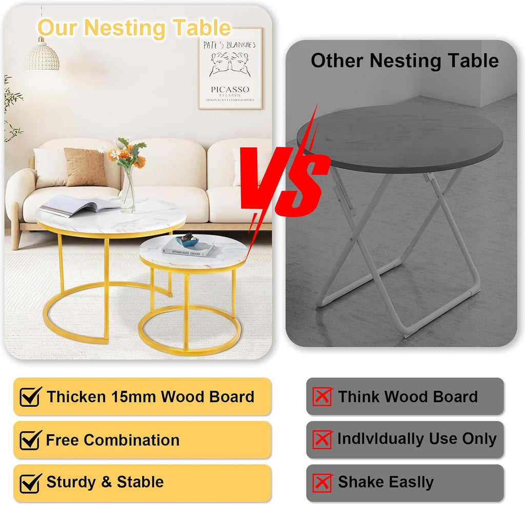 Round Nesting Coffee Tables Set: White Gold Marble Nesting Coffee Table Set of 2 - Modern Metal Stacking Side Table for Living Room Small Spaces