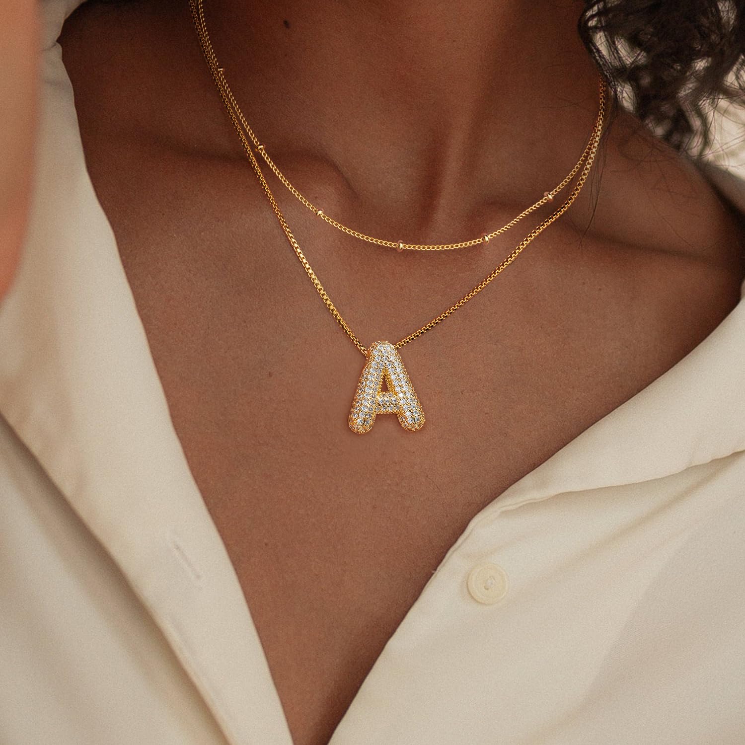 UHIBROS Bubble Letter Necklace, Gold Balloon Initial Necklaces for Women, Cubic Zirconia Dainty Charm Alphabet Pendant, 18K Gold Plated Custom Name Choker, Trendy Puffy Personalized Jewelry