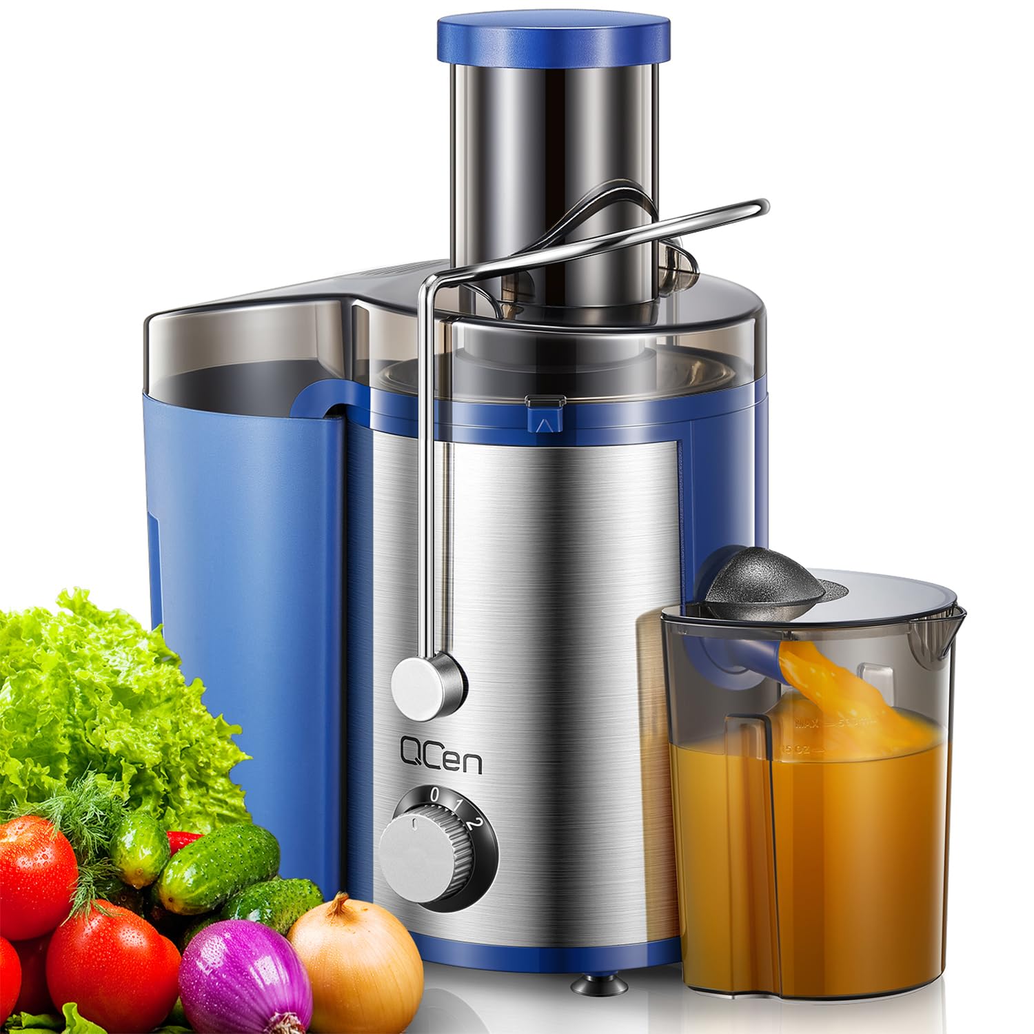 QCen Juicer Machine, 500W Centrifugal Juicer Extractor with Wide Mouth 3” Feed Chute for Fruit Vegetable, Easy to Clean, Stainless Steel, BPA-free (Aqua)