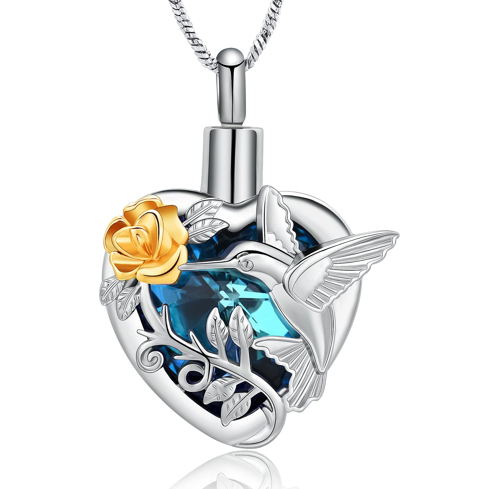 Yinplsmemory Hummingbird Cremation Jewelry Crystal Heart Urn Ashes Necklace for Women Men Memorial Keepsake Necklace of Loved One