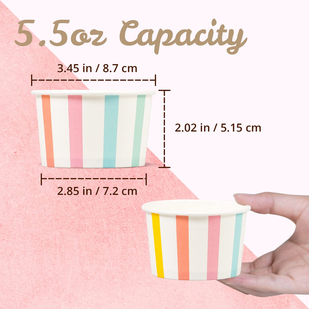 MATICAN Paper Ice Cream Cups, 50-Count 5.5-Oz Disposable Dessert Bowls for Hot or Cold Food, 5.5-Ounce Party Supplies Treat Cups for Sundae, Frozen Yogurt, Soup, Pastel Stripes