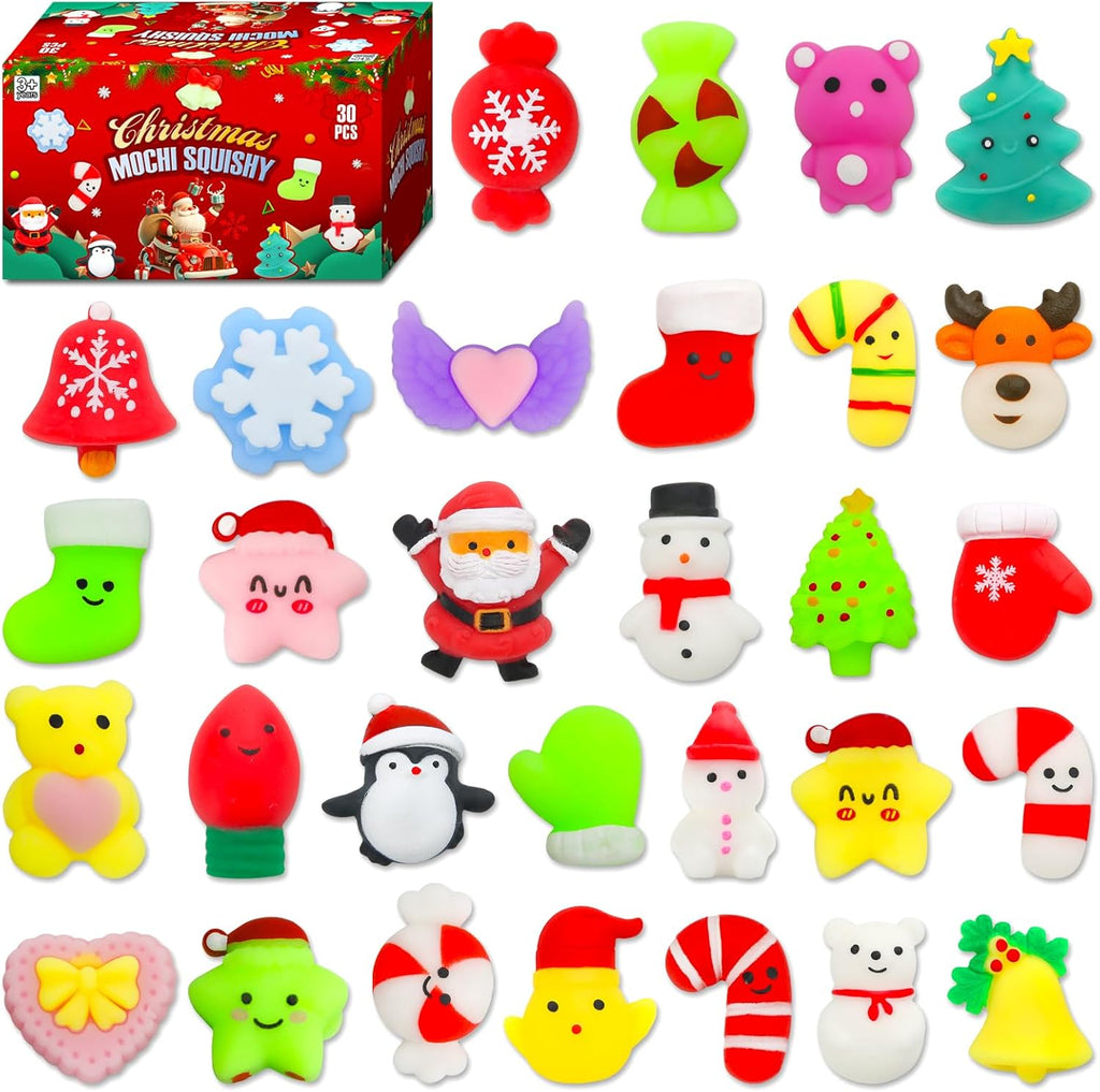 30 Pack Christmas Squishy Toys, Christmas Party Favors Stocking Stuffers Xmas Gifts, Kawaii Mochi Squishies Sensory Squeeze Toys for Kids Girls Boys Toddlers Treasure Box Toys Classroom Prizes