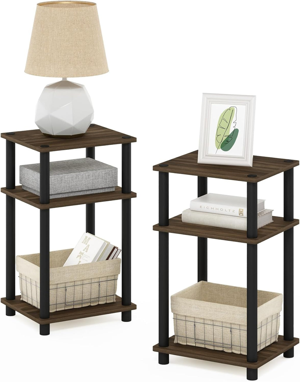 Furinno Just 3-Tier Turn-N-Tube Nightstand, 2-Pack, Columbia Walnut/Black