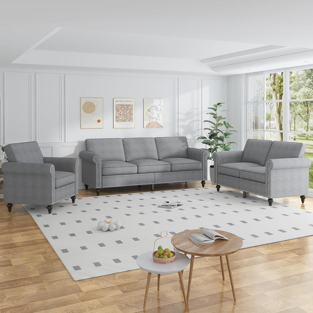 MUZZ 3PCS Sofa Set for Living Room,Modern Linen Couch Set with Nailhead Trim Design, Living Room Furniture Set for Office Apartment Home(Sofa & Loveseat & Chair/Light Grey)
