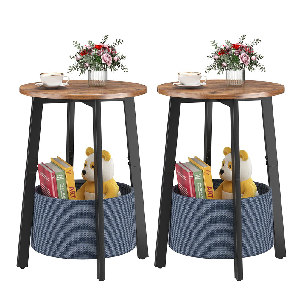 Small Round Side End Table with Cloth Storage Basket, Round Bedside Sofa Couch Coffee Tables for Small Places with Metal Frame, Modern Nighstands for Living Room Bedroom, Grey