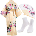 Heone Kimono Satin Peacock Printed Lightweight Cardigan Jacket Coat Yukata Cloak Bathrobe Tops folding Fans Tabi Socks Set