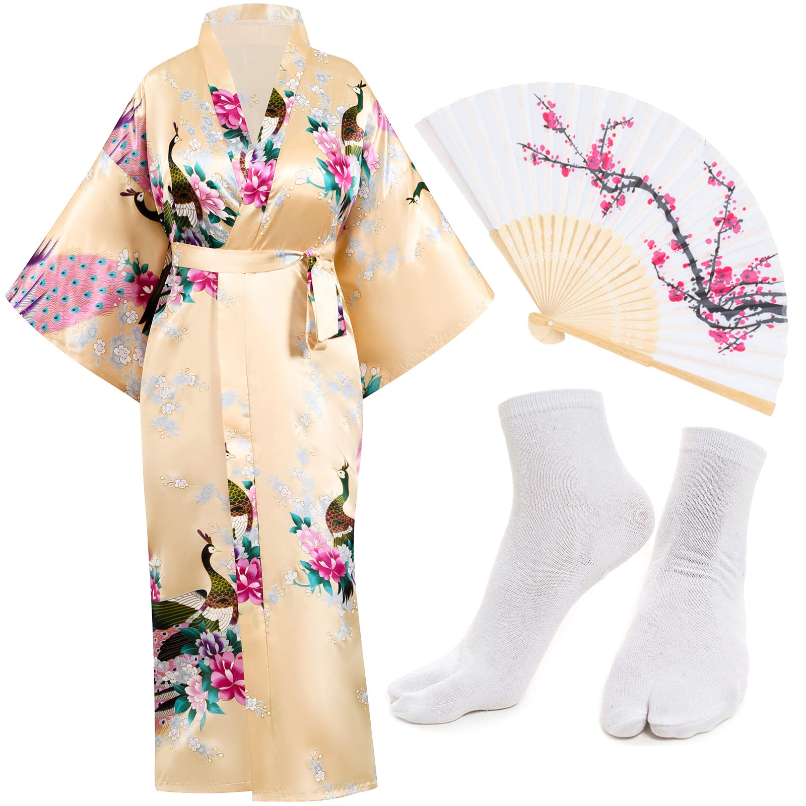 Heone Kimono Satin Peacock Printed Lightweight Cardigan Jacket Coat Yukata Cloak Bathrobe Tops folding Fans Tabi Socks Set