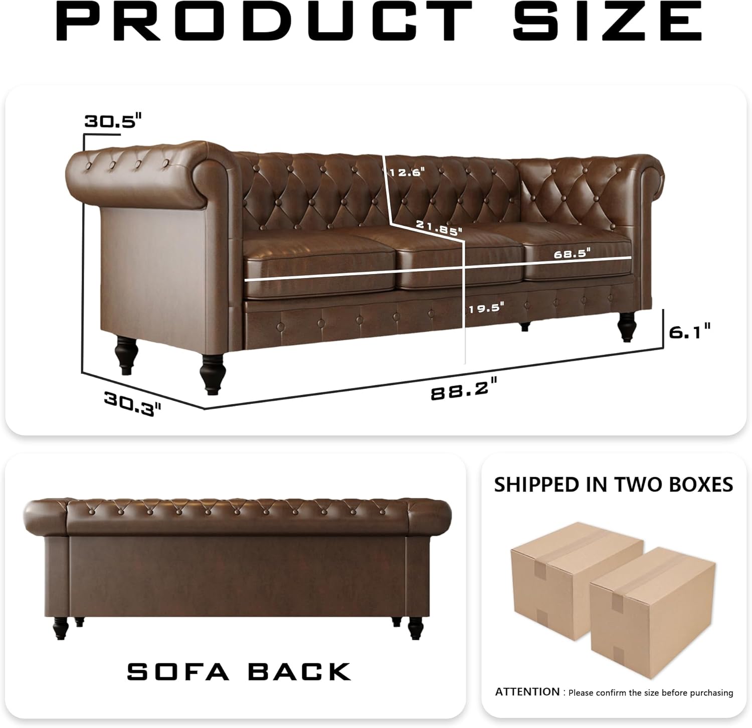 Leather Brown Sofa for Living Room Chesterfield 3 Seater Couch Sofa Comfortable Soft Sturdy Durable Furniture for Office Bedroom Apartment Hotel Place (03-Brown-80)