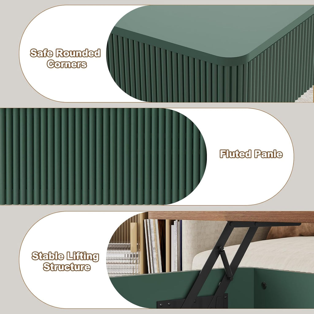 HLR 39" Lift Top Coffee Table with Hidden Storage Compartment, Modern Rising Wood Dining Center Table with Drawer for Small Space, Living Room, Office, Green