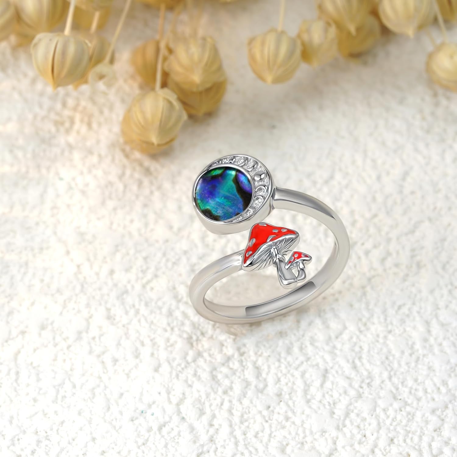 Moon Mushroom Ring for Women,925 Sterling Silver Magical Red Mushroom Rings Moon Phase Open Rings,Anniversary Birthday Gifts for Women Teen Mom