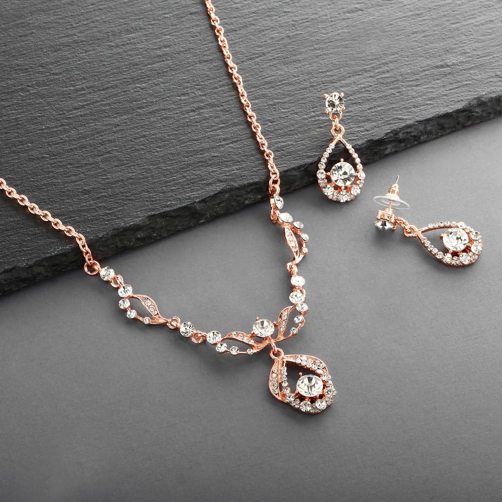 Mariell Rose Gold Vintage Crystal Necklace and Earrings Wedding Jewelry Set for Brides, Bridesmaids, Prom