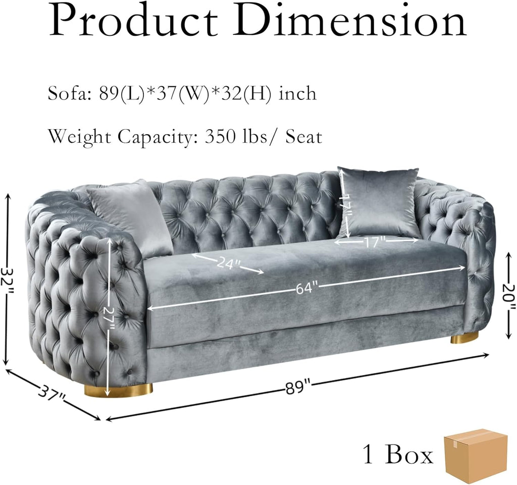 THSUPER 89'' Luxury Velvet Chesterfield Couch, 3 Seater Vintage Button Tufted Victorian Sofa with Wide Armrest, Grey Modern Sofas with 2 Pillows and Gold Metal Legs for Living Room,Office, Hotel