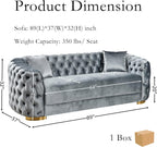 THSUPER 89'' Luxury Velvet Chesterfield Couch, 3 Seater Vintage Button Tufted Victorian Sofa with Wide Armrest, Grey Modern Sofas with 2 Pillows and Gold Metal Legs for Living Room,Office, Hotel