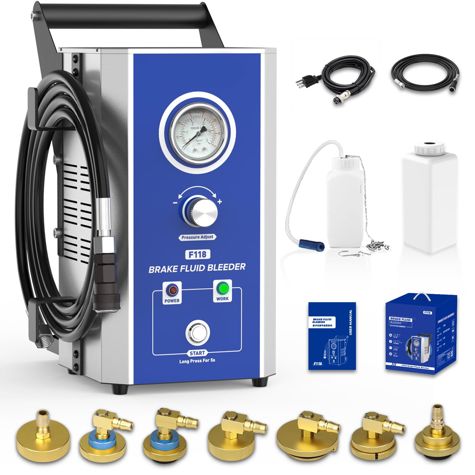 BELEY Brake Bleeder Kit 110V Brake Fluid Bleeder Machine Kit Adjustable 0.7-2.5 Bar Pressure & Flow Microcontroller System for Single User Includes 52MM Master Cylinder Adapter & Oil Bottle