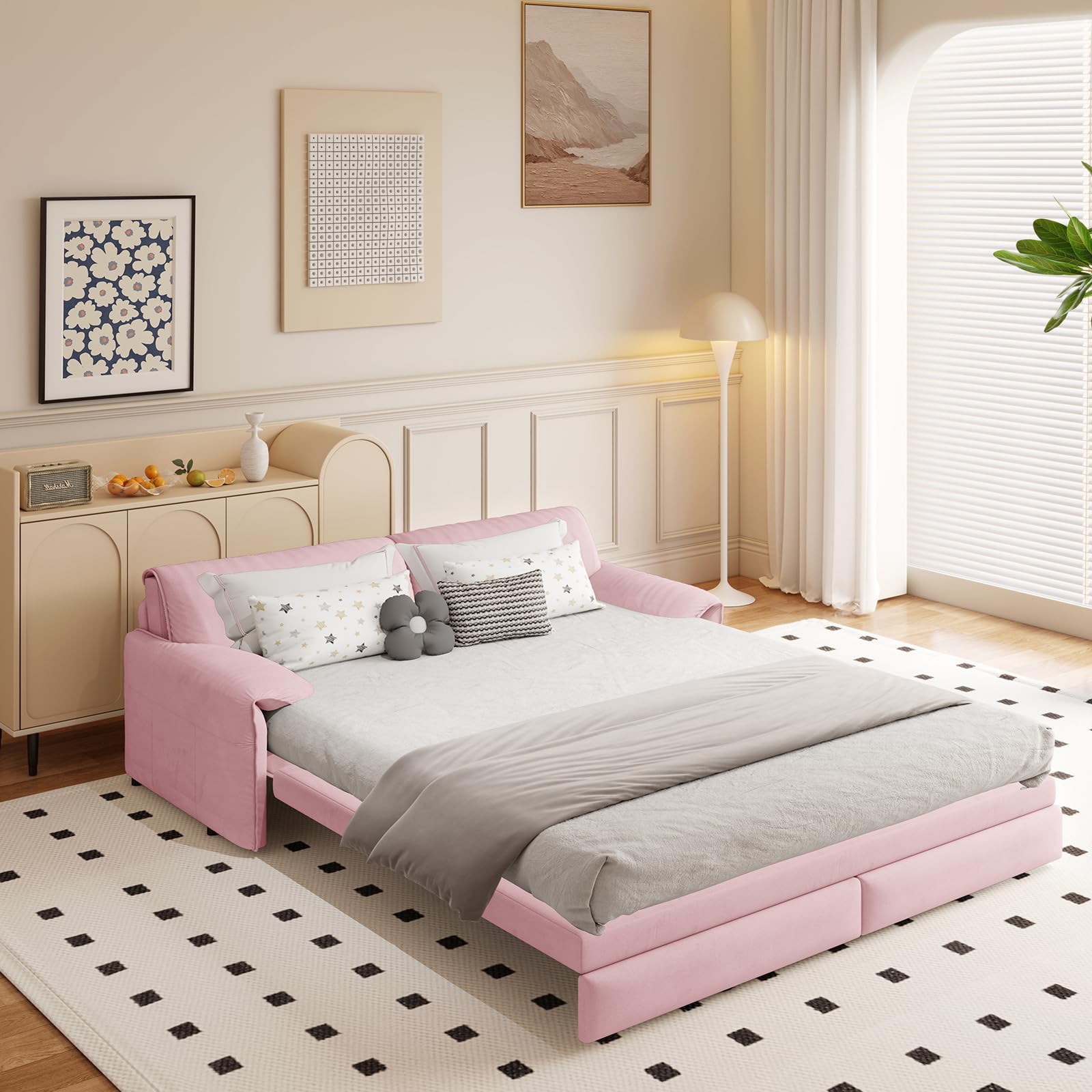 74.8" Queen Pull Out Sofa Bed, Luxury Velvet Convertible Sleeper Couch Futon, Comfy Cloud Pullout Couches,Loveseat Recliner for Living Room Office RV Small Places (Grey, 74.8'')