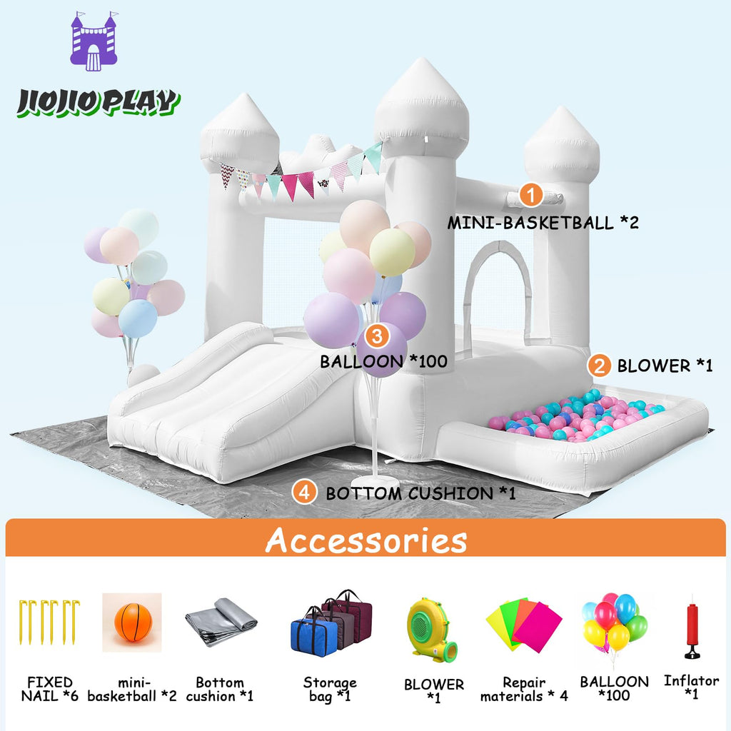 JIOJIOPLAY 9FT White Bounce House,Inflatable Toddler Bouncy House for 3-6 Age Kids Party Gift with Blower White Jumper Bouncy Castle Wedding Decorations for Outdoor Play Backyard - Grand Goldman