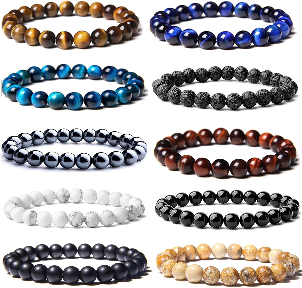 SONNYX 10PCS Tiger Eye Bracelet For Men 8MM Natural Stone Beads Bracelet Set Stretch Lava Rock Bracelets Adjustable Black Crystal Beaded Bracelet for Men Women