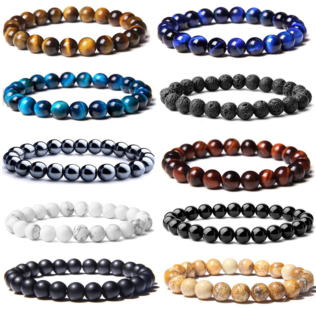 SONNYX 10PCS Tiger Eye Bracelet For Men 8MM Natural Stone Beads Bracelet Set Stretch Lava Rock Bracelets Adjustable Black Crystal Beaded Bracelet for Men Women