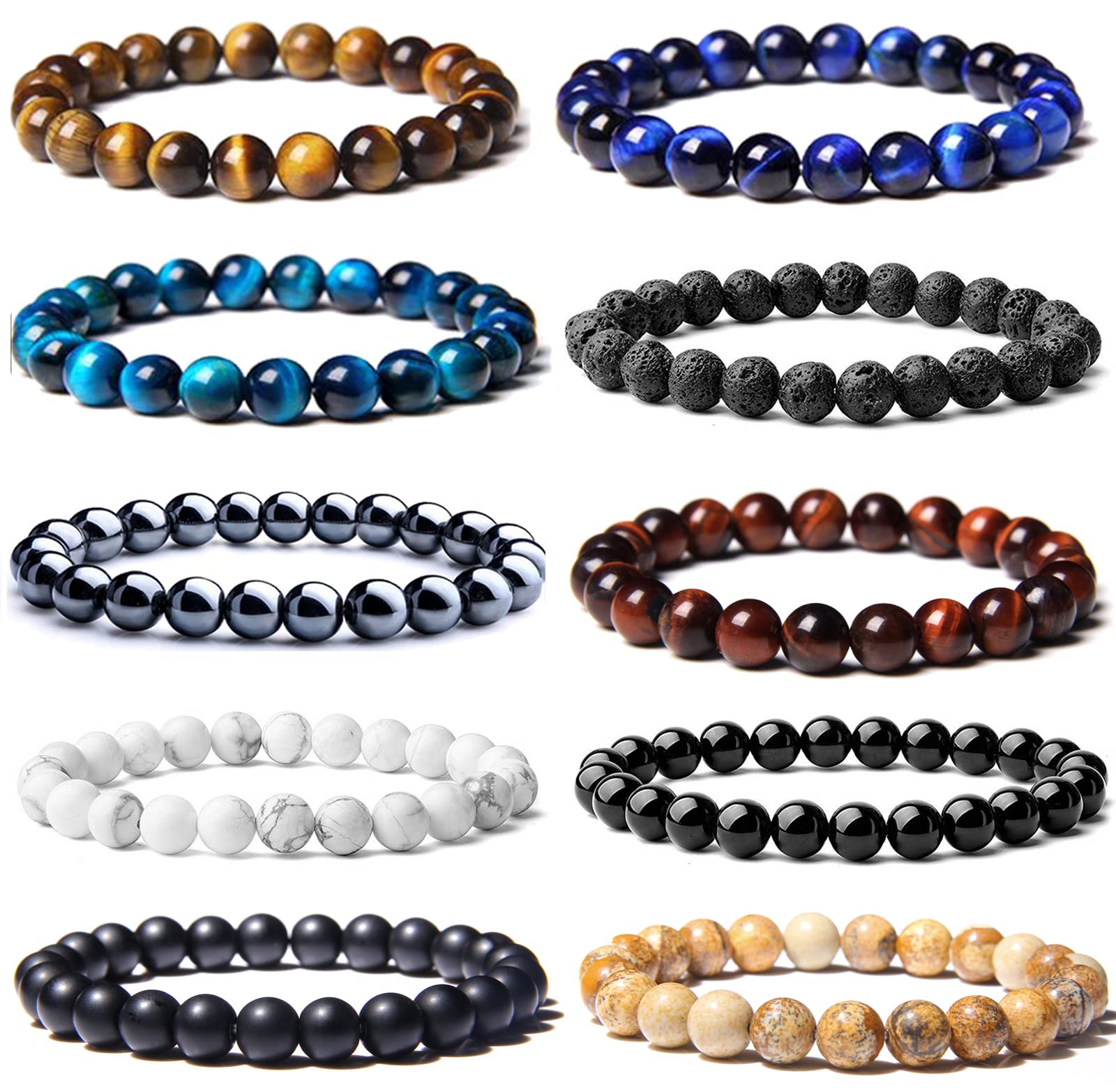 SONNYX 10PCS Tiger Eye Bracelet For Men 8MM Natural Stone Beads Bracelet Set Stretch Lava Rock Bracelets Adjustable Black Crystal Beaded Bracelet for Men Women