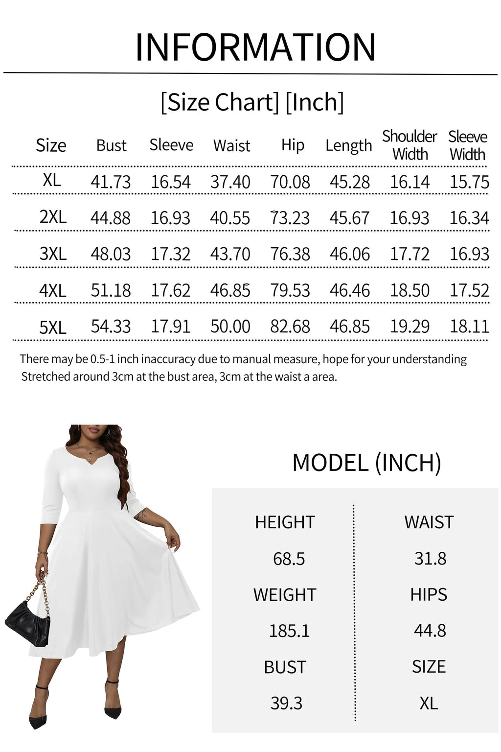Runwind Plus Size Dresses for Curvy Women Cocktail Wedding Guest Fit and Flare A-Line Swing Casual Midi White Dresses 3XL