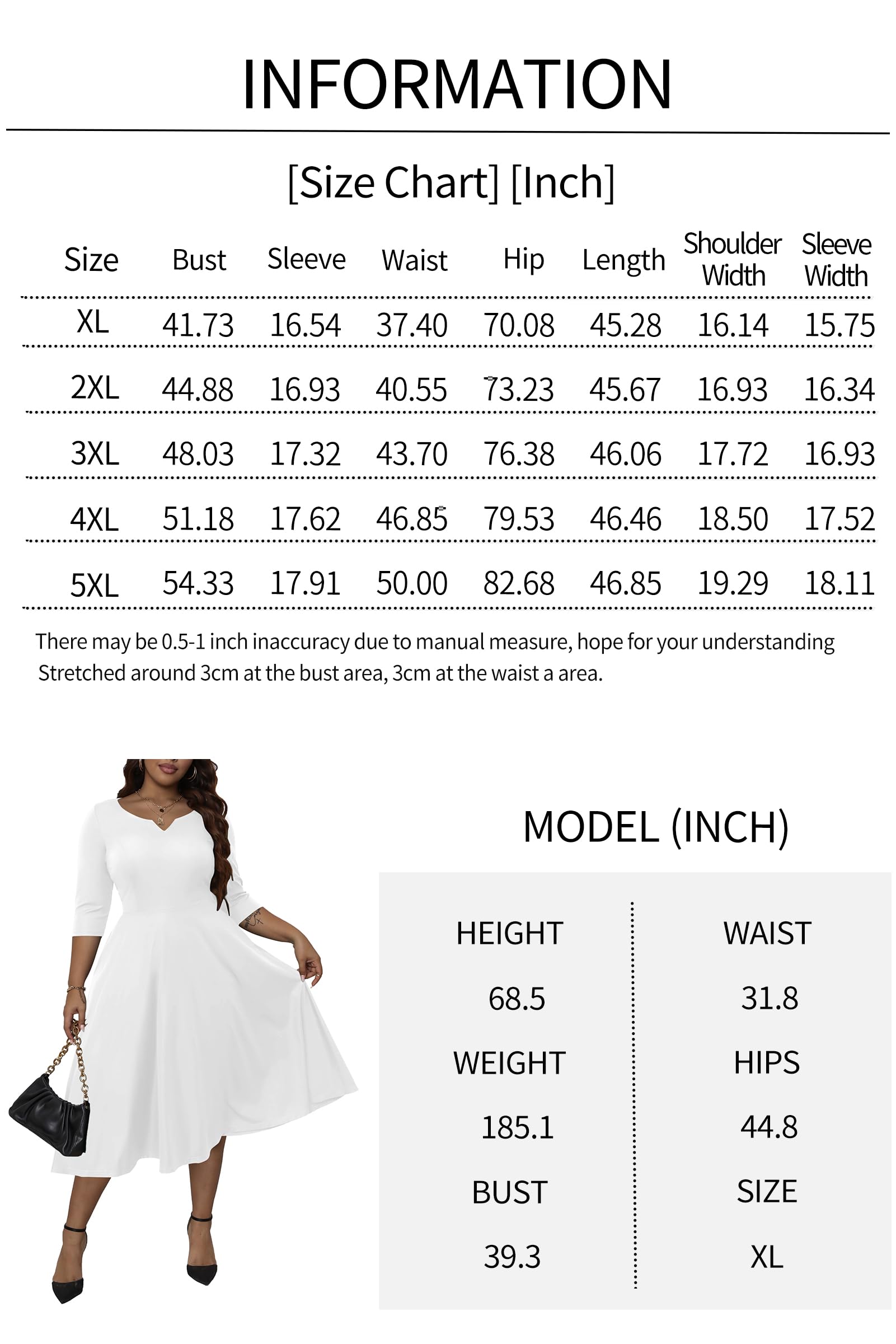 Runwind Plus Size Dresses for Curvy Women Cocktail Wedding Guest Fit and Flare A-Line Swing Casual Midi White Dresses 3XL