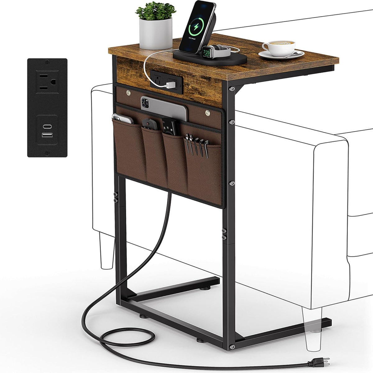 Vagusicc C Shaped End Table with Charging Station, 28" Tall Side Table for Couch, Sofa Table Small Couch Side Coffee Tables, Slide Under Sofa TV Tray Arm C Table for Living Room, Bedroom, Bedside