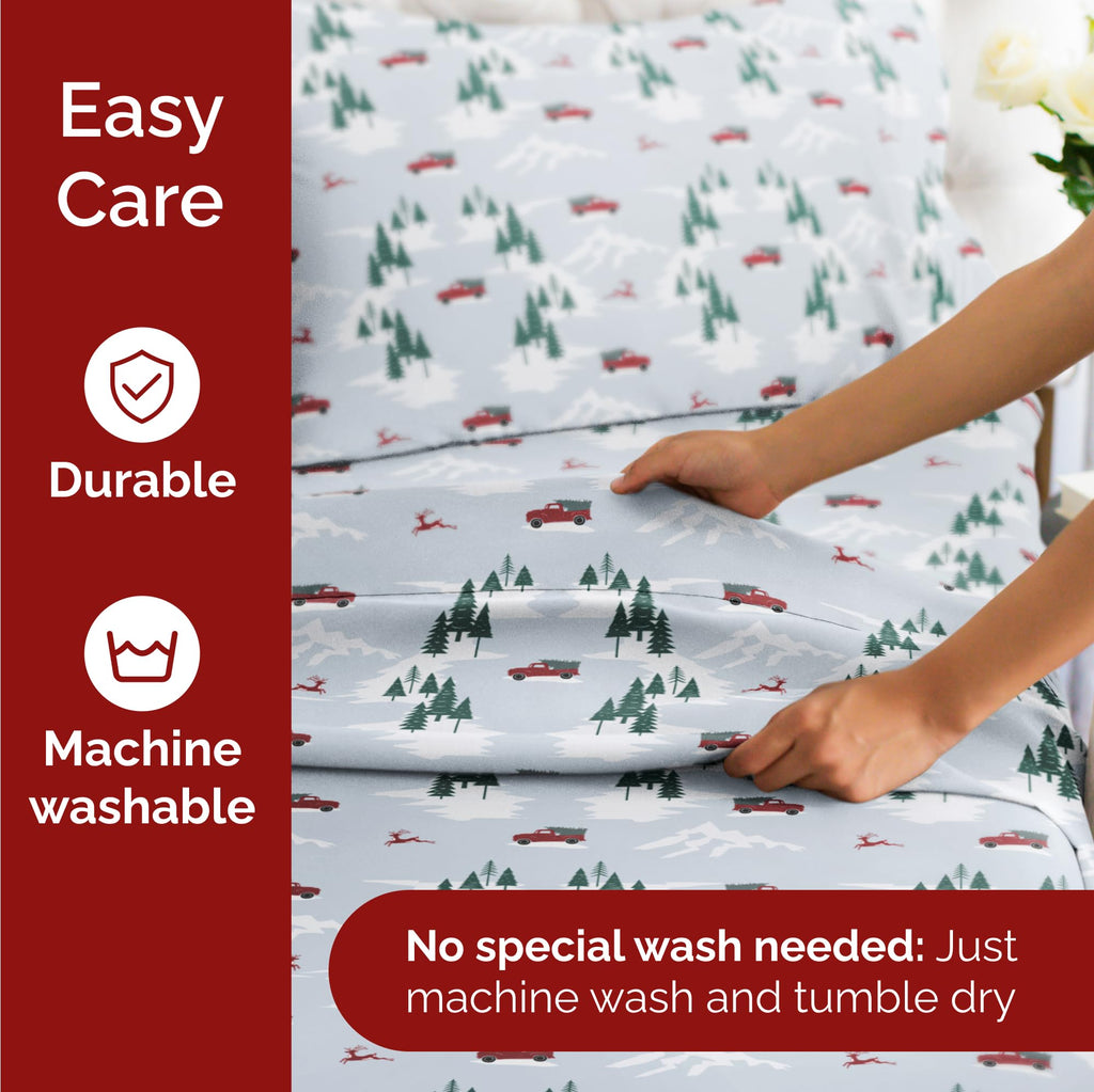 Komplet pościeli King Christmas Tree - Świąteczny wzór Xmas na lnie - Głębokie kieszenie - Dopasowany krój - 4 części - Bez zagnieceń - Wygodna i chłodząca świąteczna pościel zimowa - Łatwa w pielęgnacji - Przyjazna dzieciom