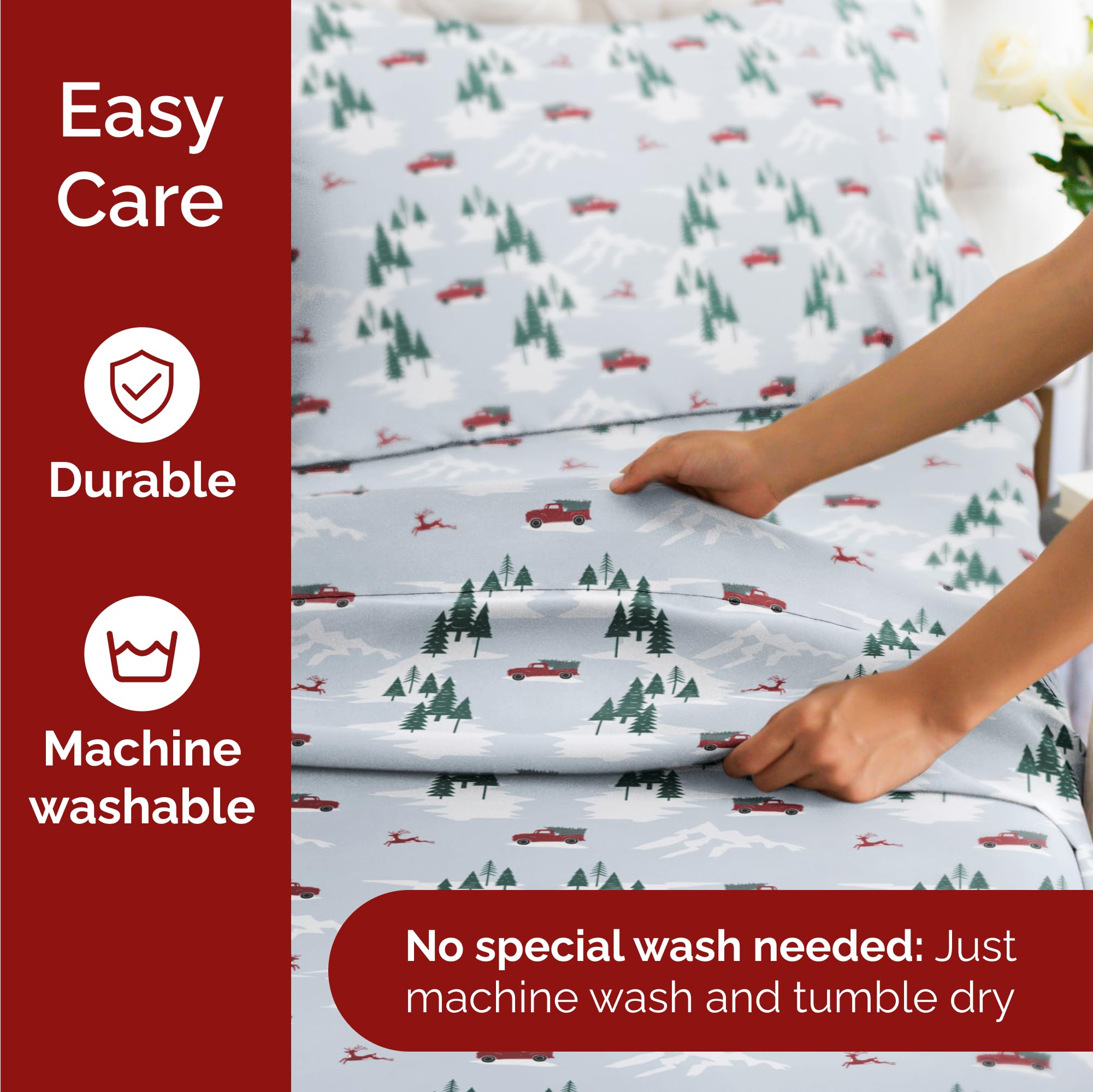 Komplet pościeli King Christmas Tree - Świąteczny wzór Xmas na lnie - Głębokie kieszenie - Dopasowany krój - 4 części - Bez zagnieceń - Wygodna i chłodząca świąteczna pościel zimowa - Łatwa w pielęgnacji - Przyjazna dzieciom