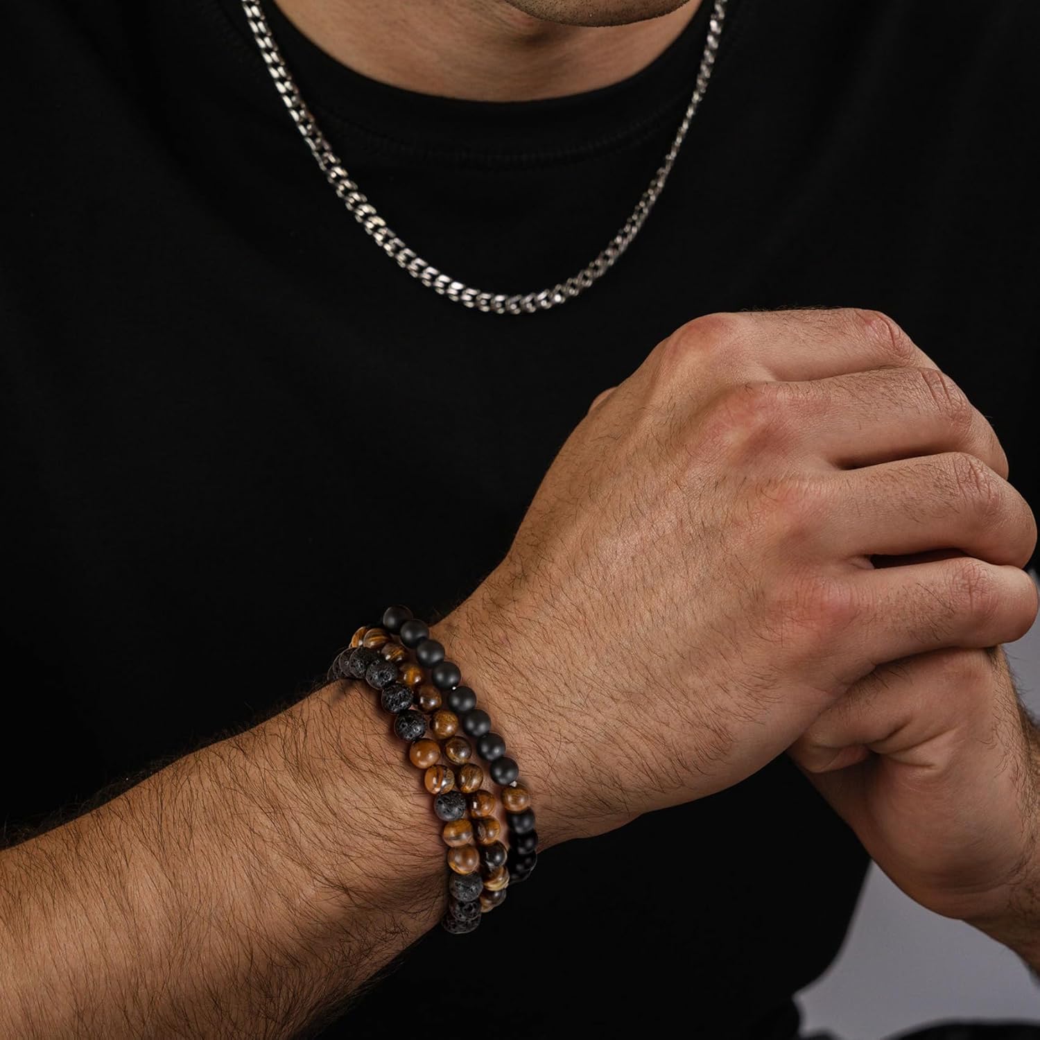 RANKEEF Mens Bead Bracelet Set - Adjustable Elastic Rope With 6&8MM Natural Stone Multi-Colored Beads - Tiger Eye Bracelets for Men - Gift