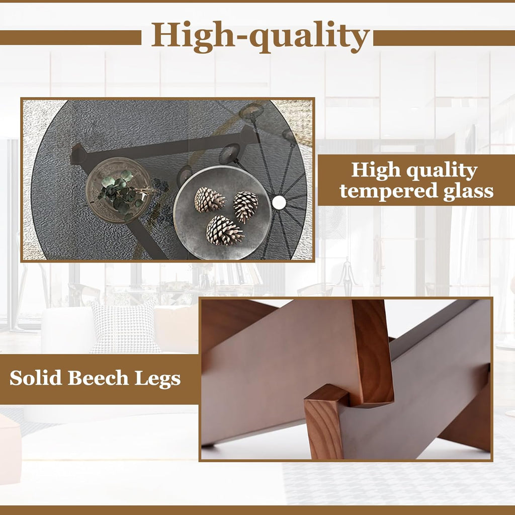 Coffee Table, Round Coffee Table for Living Room Modern Glass Coffee Table with Solid Wood Legs Farmhouse Mid Century Center Table Large Circle Cocktail Table (Walnut + Transparent, 35.4in)