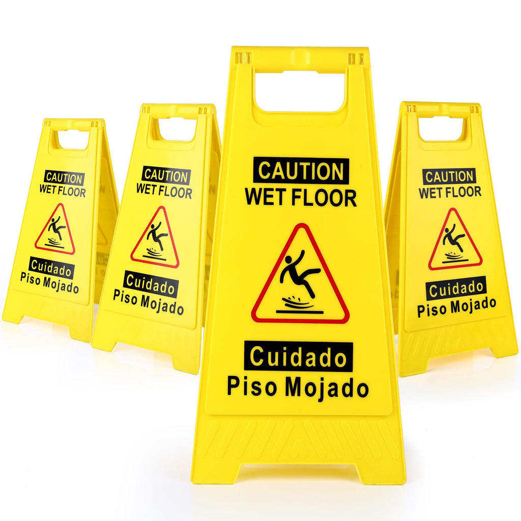 2-Pack Caution Wet Floor Sign,17.5" Height,Bright Yellow Double-Sided Folding A-Shaped Frame Design, Bilingual Caution Message