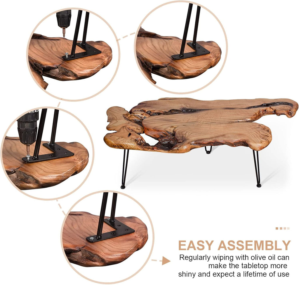 Handcrafted Edge Coffee Table | Natural Wood with Unique Organic Shape | Metal Hairpin Legs for Living Room, Side Table & Boho Decor