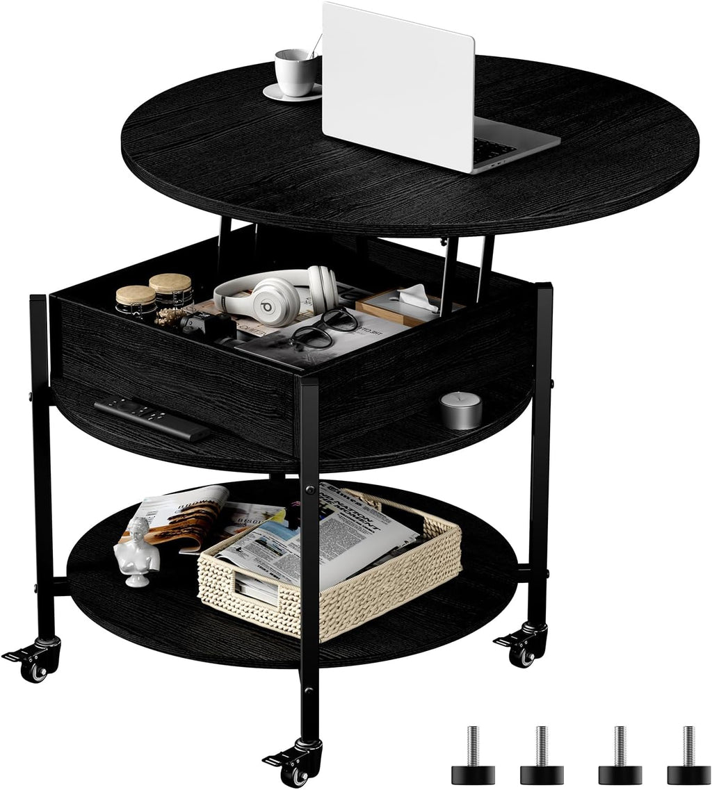 Mid Century Black Coffee Table, 26.77” Lift Top Coffee Table with Removeable Wheels, Hidden Compartment and Open Shelf, Wood Lift Tabletop Central Dining Table for Living Room, Home Office